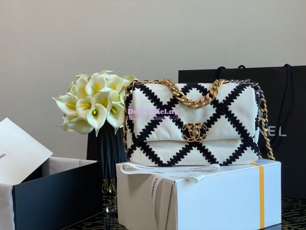 Replica Chanel 19 Small Flap Bag in Calfskin & Crochet AS1160 White Bl