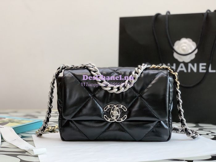 Replica Chanel 19 Small Flap Bag AS1160 Glossy Calfskin Black Silver