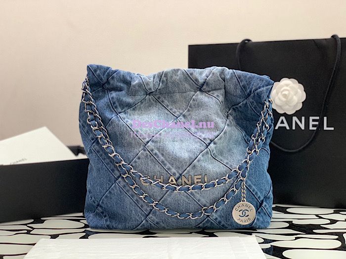 Authentic Chanel '22 Blue Denim Quilted 19 Wallet On Chain