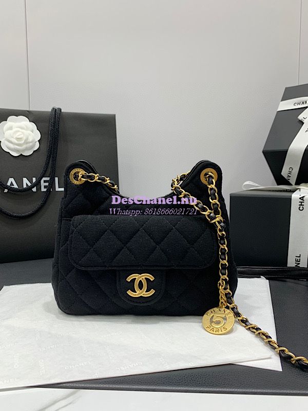 Replica Chanel Small Hobo Bag Wool Jersey AS3710 Black
