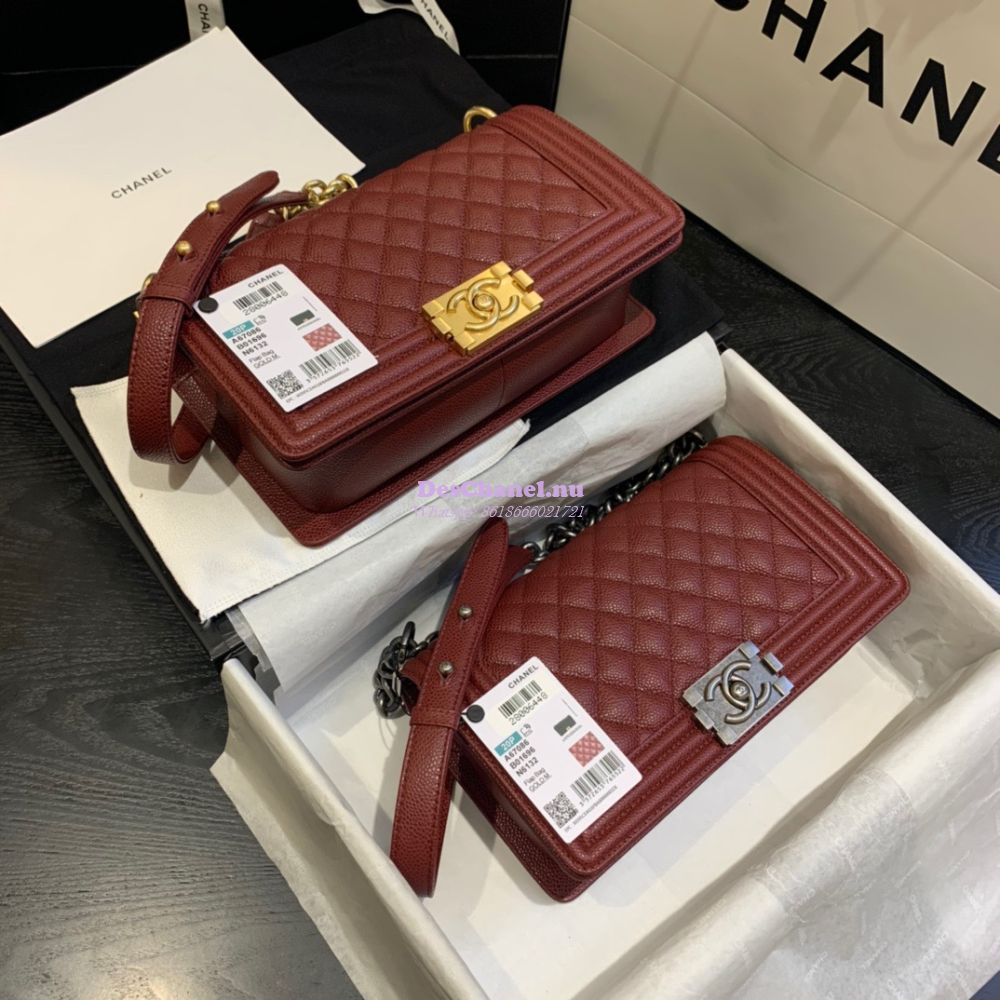 Replica Chanel Le boy Caviar Claret Red Bag with Aged Ruthenium Hardwa