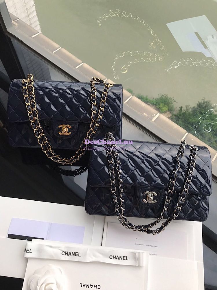 Replica Chanel Classic Flap Bag Quilted Patent Calfskin Navy Blue