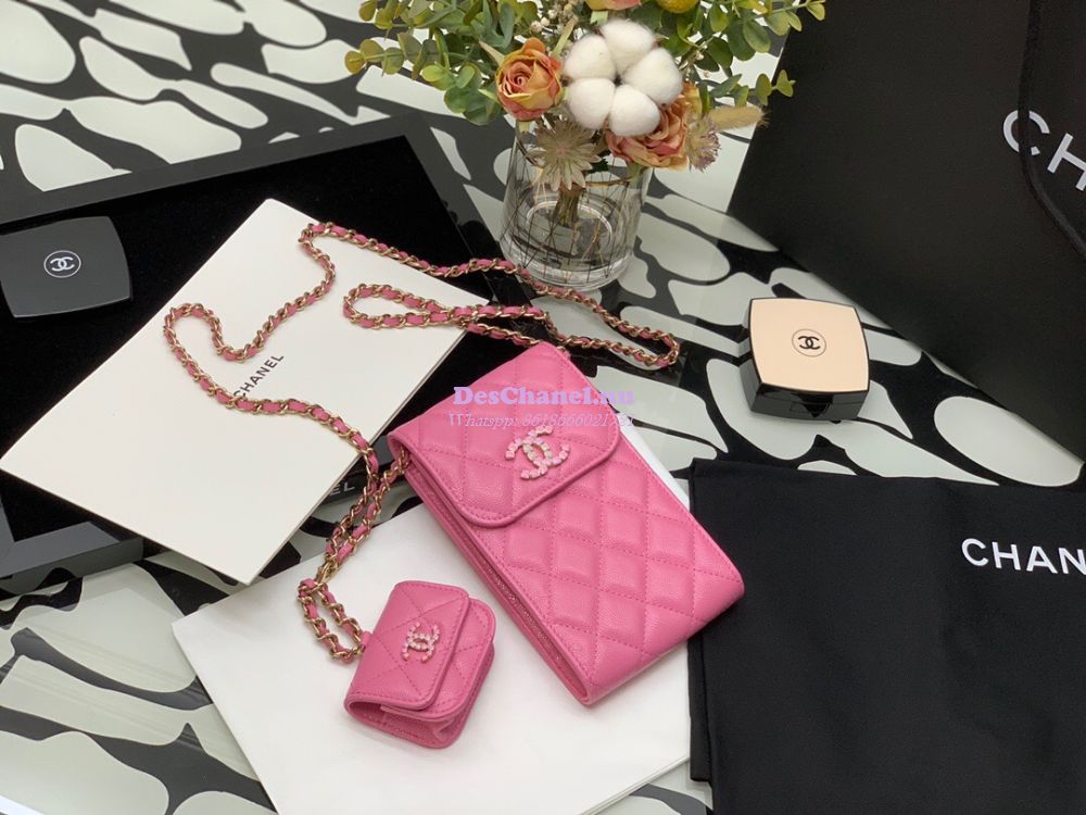 Replica Chanel Grained Calfskin Lacquered Metal Logo Phone & Airpods C