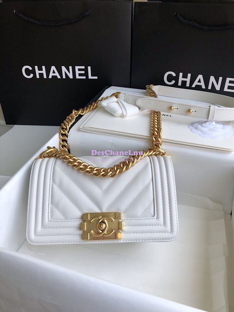 Replica Chanel Chevron Boy Flap Bag in Caviar White