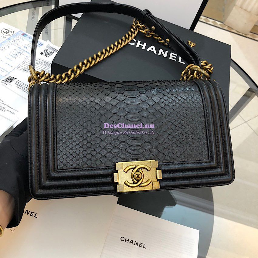 Replica Chanel Python Boy Chanel Flap Bag Ruthenium Hardware Black