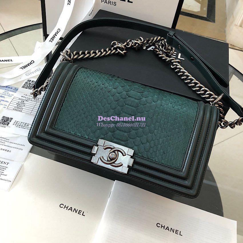 Replica Chanel Python Boy Chanel Flap Bag Ruthenium Hardware Dark Gree