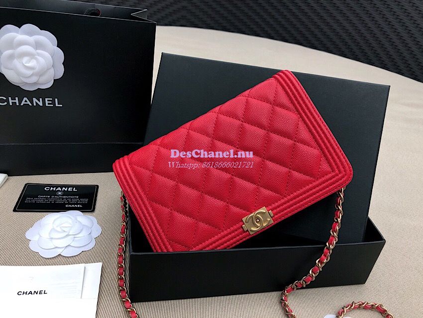 Replica Chanel New Boy Wallet on Chain Grained Calfskin A80287 Red