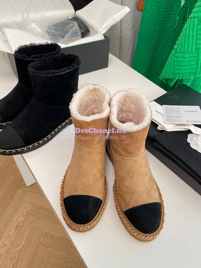 Replica Chanel Brown Suede Chain Link Ankle Boots with Shearling Fur G