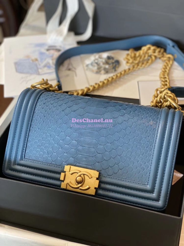 Replica Chanel Python Boy Chanel Flap Bag Ruthenium Hardware Ash Blue