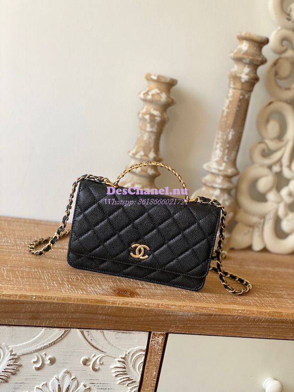 New CHANEL 23 Wallet on Chain Caviar Leather Black WOC Bag Gold MICROCHIP  FRANCE