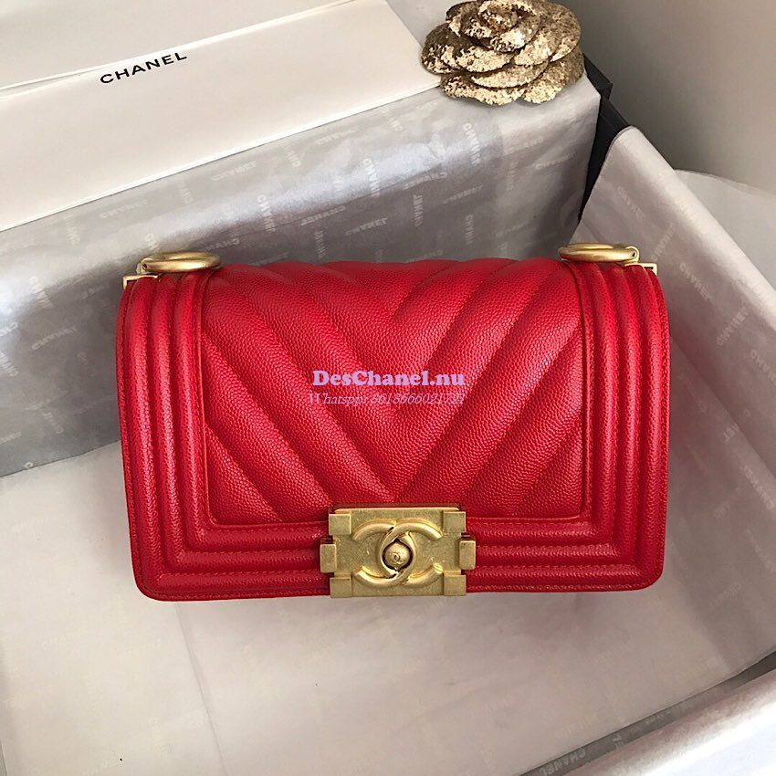 Replica Chanel Chevron Boy Flap Bag in Caviar Red