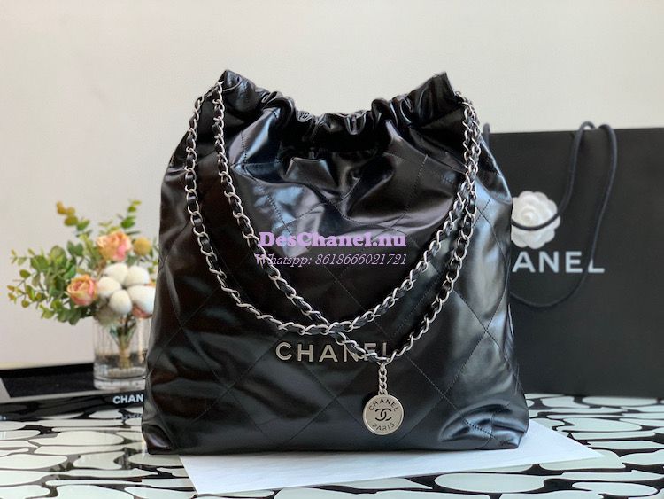 Replica Chanel 22 Large Handbag Shiny Calfskin & Silver Metal AS3262 B