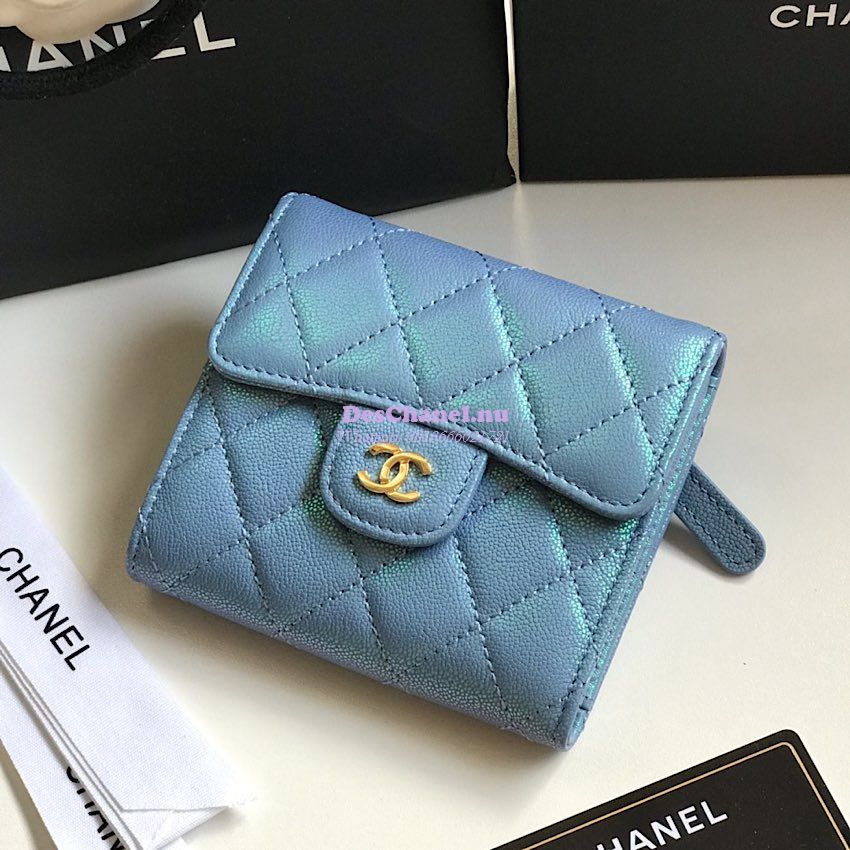 Replica Chanel Small Zip Pocket Wallet Iridescent Blue Grainy Calfskin