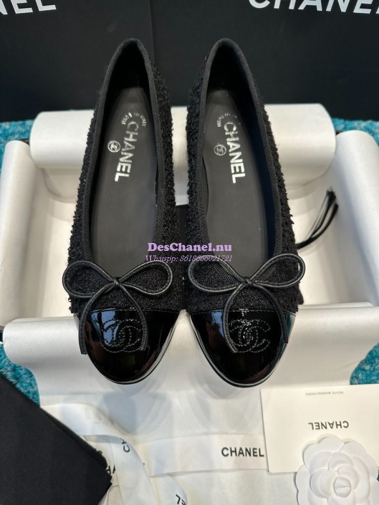 Replica Chanel Tweed and Patent Cap Toe Ballerinas G02819 Black