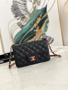 Replica Chanel Quilted Small Classic Flap Black Caviar Bag with Pink G